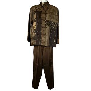 Vtg Melinda Phillips Sz S/M Asian Theme Brown Silk Two-Piece Patchwork **READ**